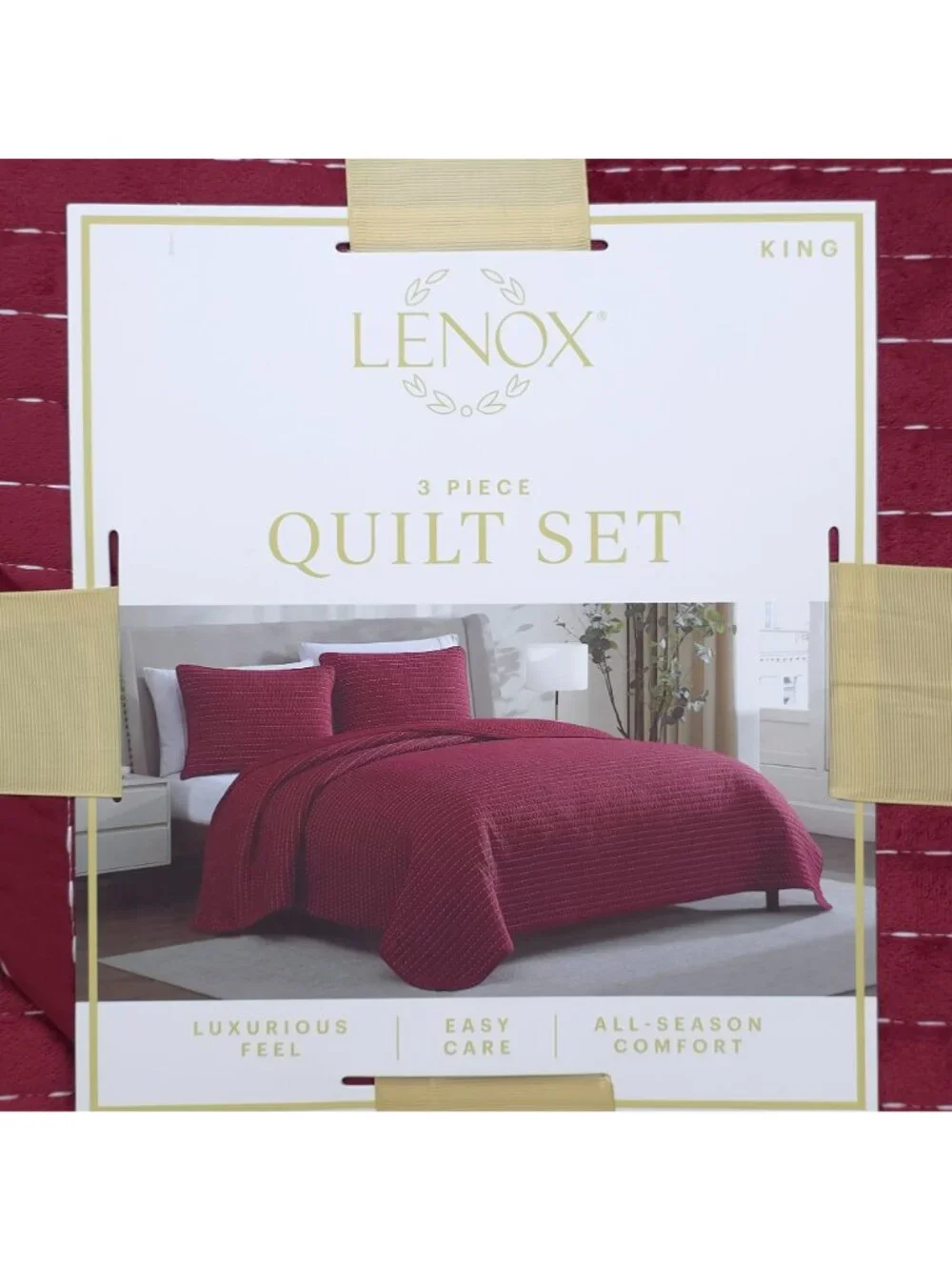 Lenox 3-Piece King Quilt Set Luxurious Feel Easy Care Red Pin Stripes Holiday